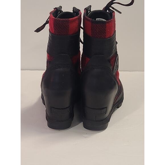 Sorel Lexie Boots Women's 8 Black Red Leather Buffalo Plaid Hidden Wedge Booties - Picture 8 of 12